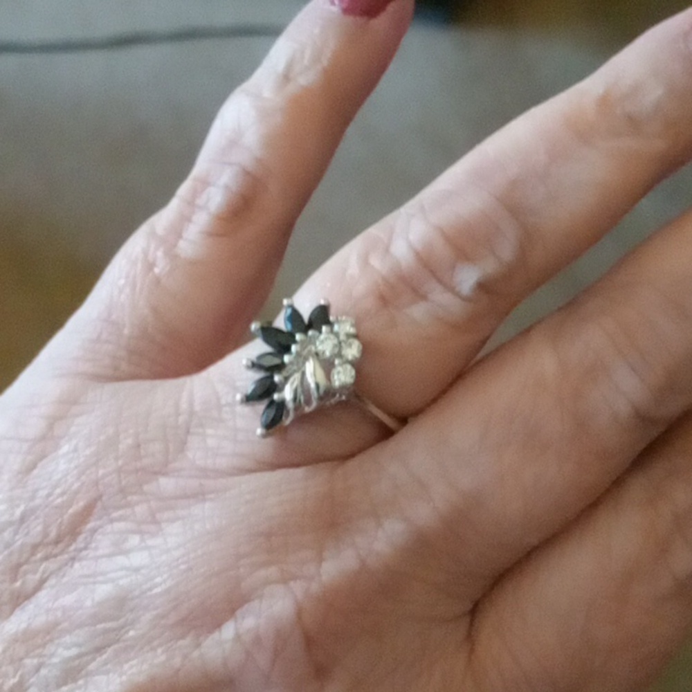 Sterling Silver Onyx & Rhinestone Ring Size 6.5